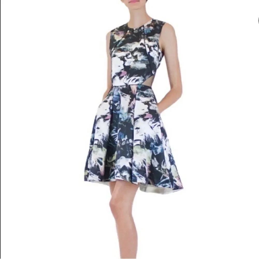 Nah Khanh abstract floral print mesh back fit flare Dress w pockets EUC sz 4
